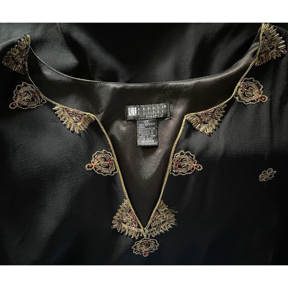 Vtg CAROLE LITTLE Woman Whimsigoth Boho Embroidered Beaded Black Silk Tunic 2X - Picture 3 of 8